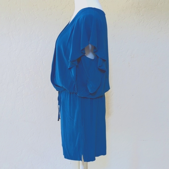 LOFT Vibrant Blue Flutter Sleeve Cinched Drawstring Waist Romper Size Medium - Picture 4 of 8